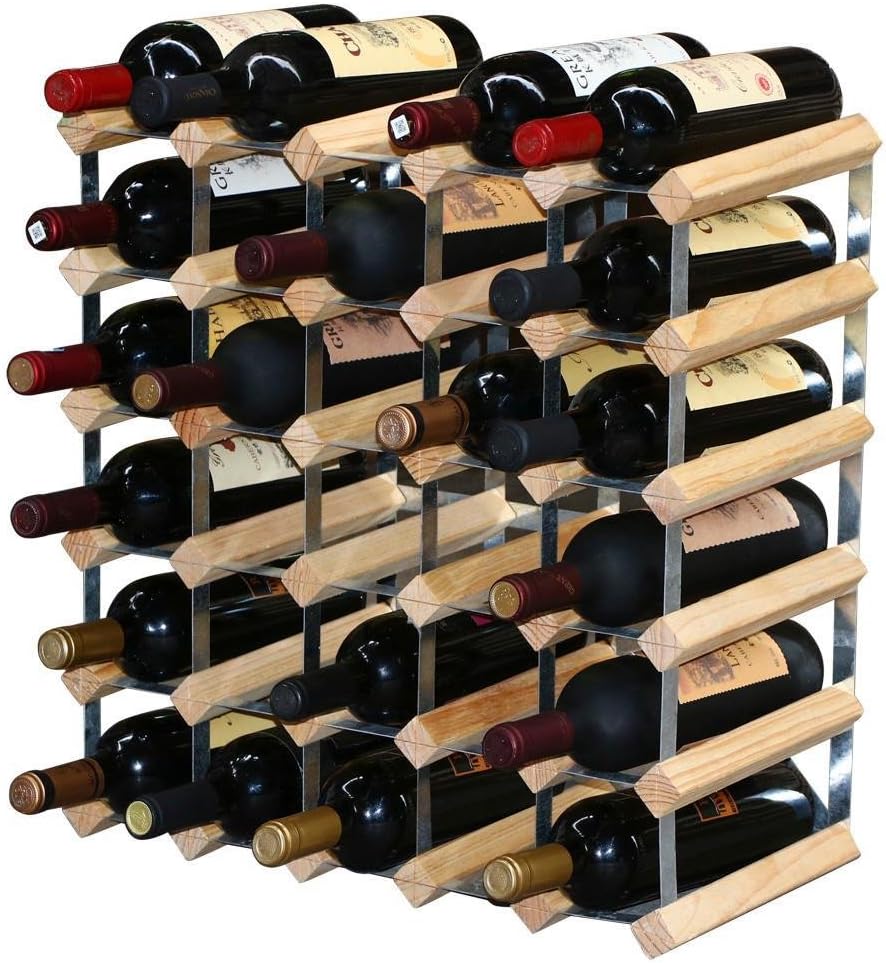 30Bottle ReadytoAssemble Wine Rack Natural Pine / Galvanised Steel