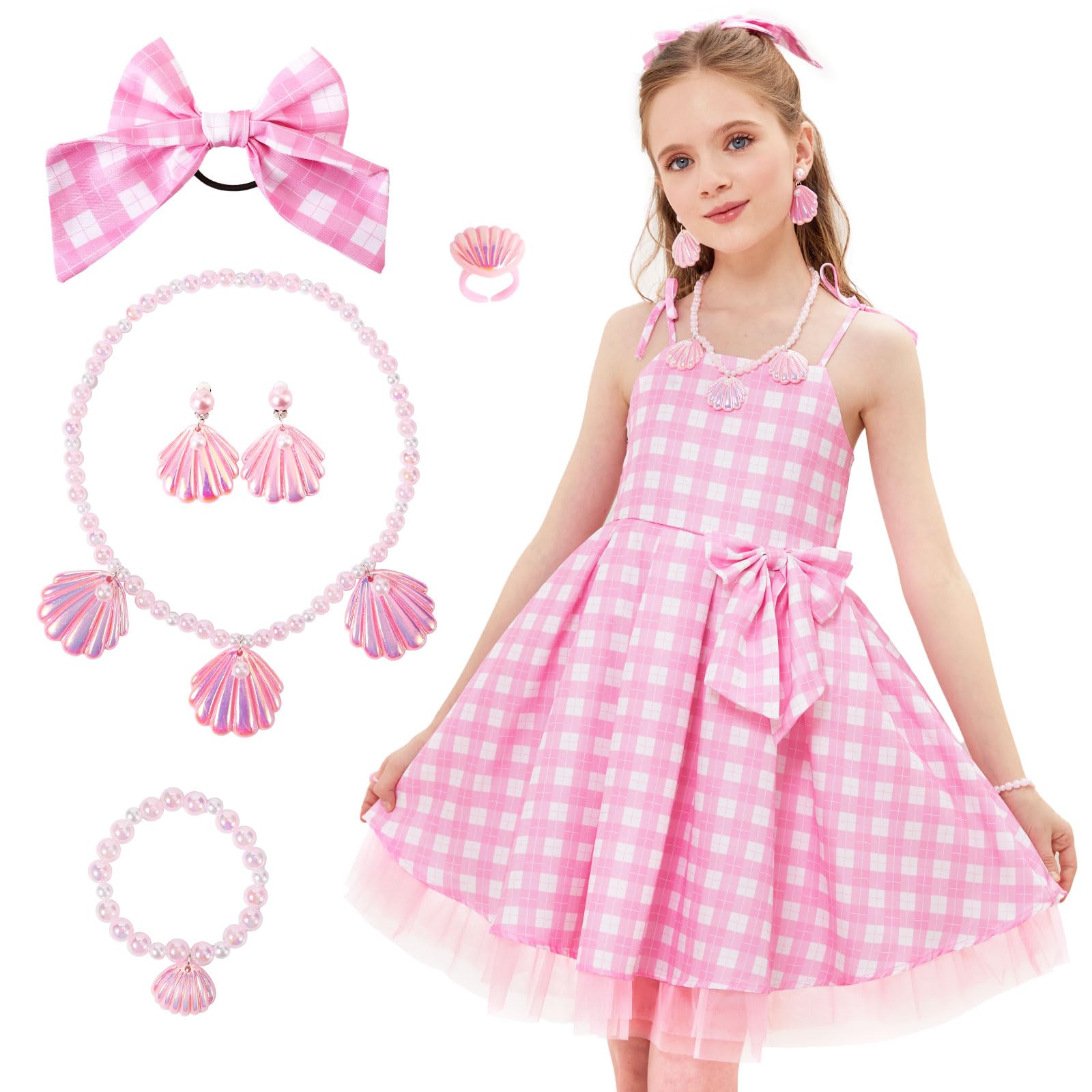 Photo 1 of PARTTELY Girls Pink Plaid Costume Dress Movie Cosplay Dress up Kids Gingham Tulle Tutu Outfits with Accessories 3-14T
