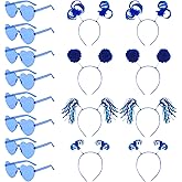 Qoncosy 16 Pcs Pom Pom Headbands with Matching Sunglasses, Assorted Colors for Christmas Birthday Party Festivities