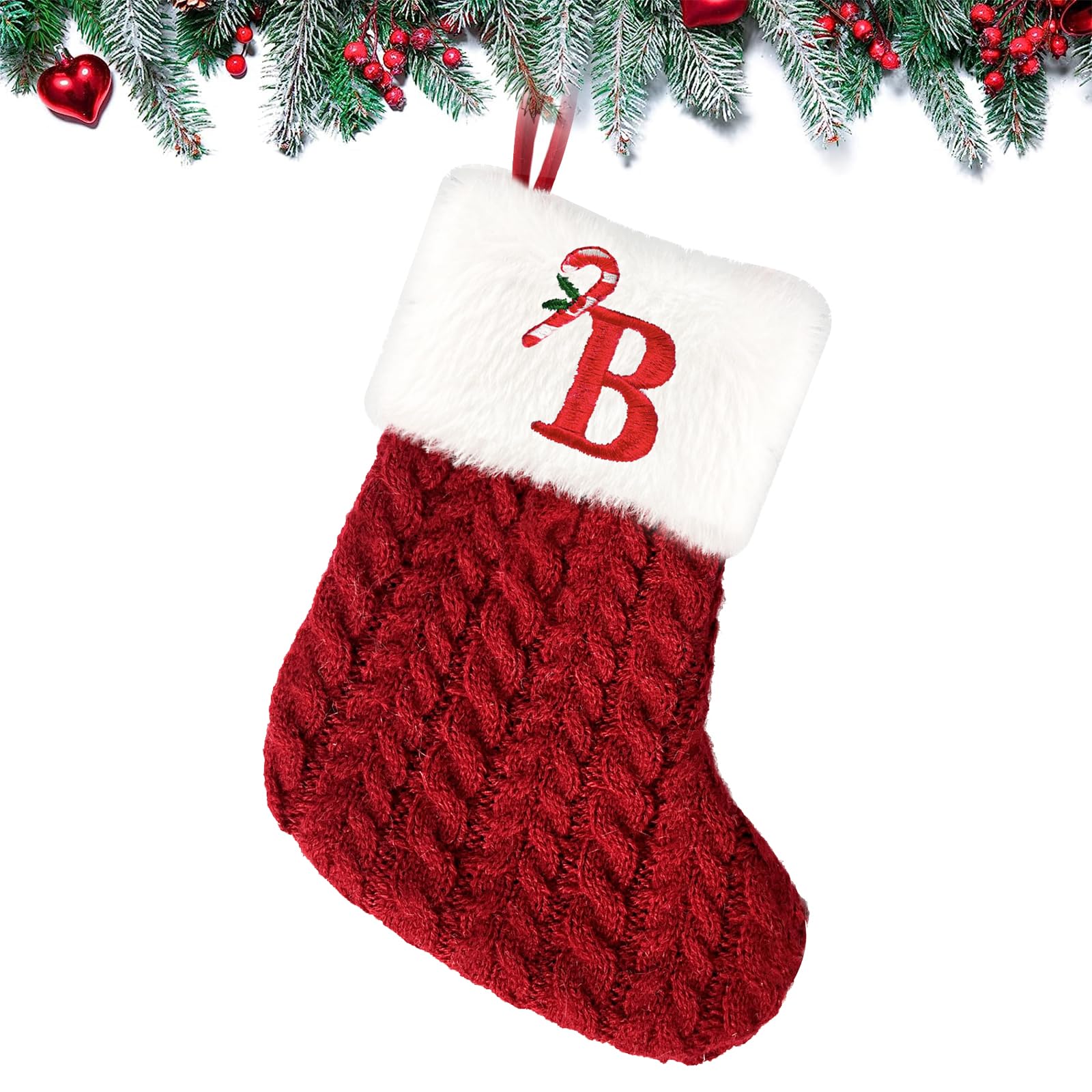 Christmas Stockings 7.9 inch Personalised Knitted Stocking with Letter Monogram Xmas Stockings Red Christmas Stockings Plush Cuff Hanging Stockings Gifts Holding for Xmas Tree Holiday Ornament (B)