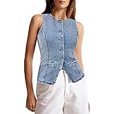 Tankaneo Womens Button Down Denim Vest Tops Sleeveless Fitted Jean Tank Tops Summer Trendy Casual Waistcoat