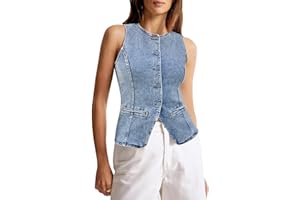 Tankaneo Womens Button Down Denim Vest Tops Sleeveless Fitted Jean Tank Tops Summer Trendy Casual Waistcoat