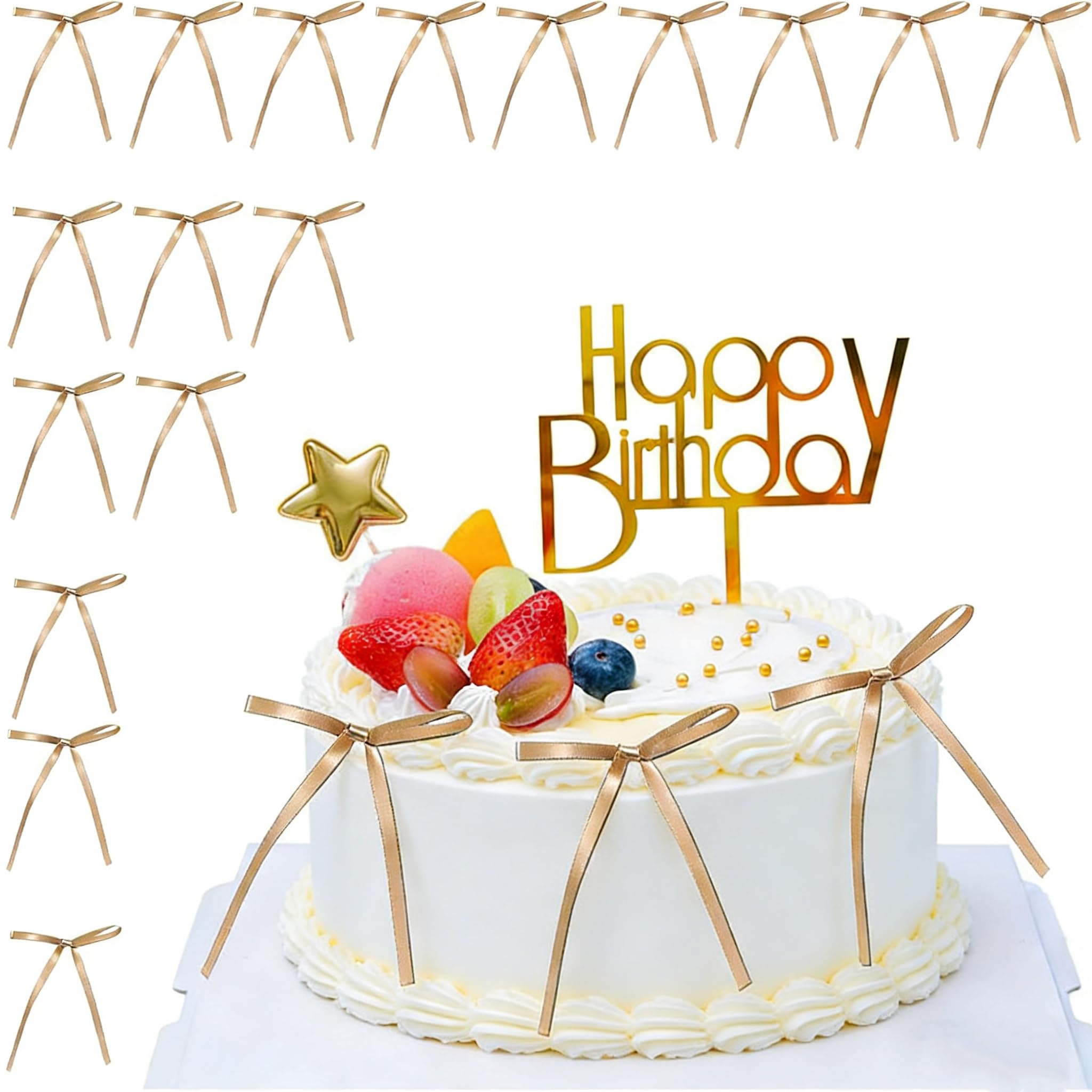30 Pcs Golden Cake Bows,QIANSSE Cake Topper Decorations with Cake Frills Cake Decorations for Birthday Wedding Party Cake Supplies