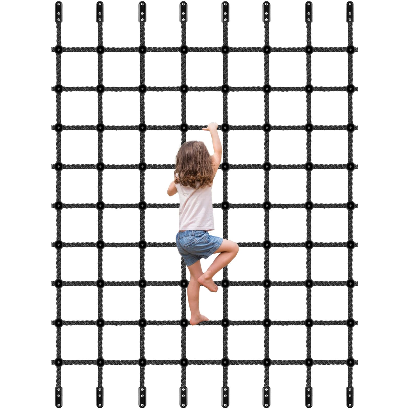 BeneLabel Climbing Cargo Net, 380 x 178cm Climbing Frame Net Kids Webbing Net Rope Ladder Playground Safety Netting with Hardware for Outdoor Playset/Swing Set/Treehouse Obstacle Course Training,Black