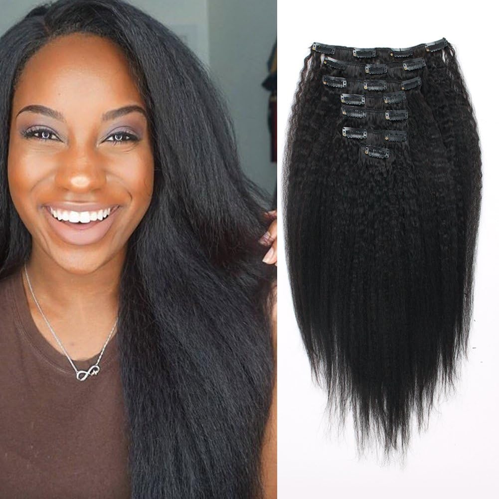 OrderWigsOnline Real Human Hair Clip In Hair Extensions Virgin Remy Human Hair 7 pieces 100gram/3.6oz Grade 8A for Thin Hair Natural Black for Black Women Kinky Straight 16 Inch