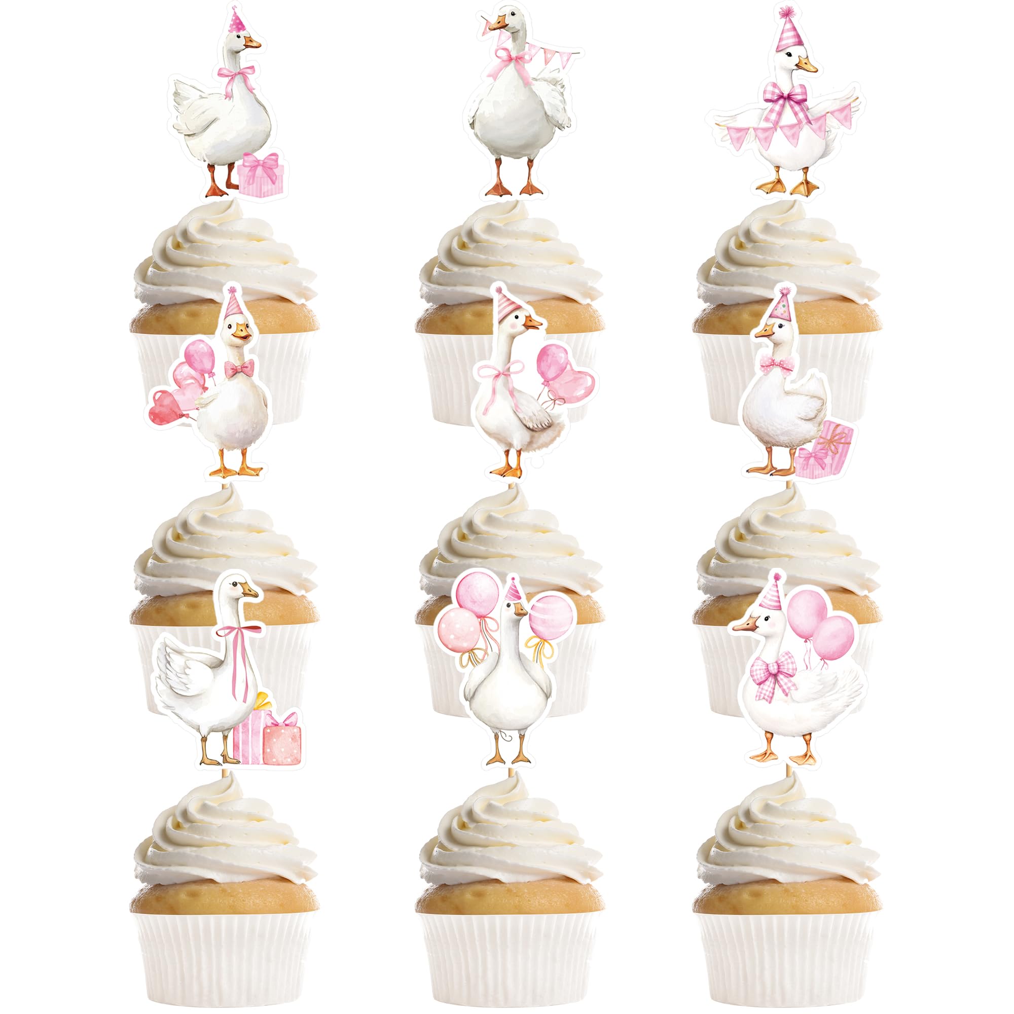 Photo 1 of 36 Pcs One Funny Goose Birthday Decor for Girls, Cute Pink Goose Themed Cupcake Toppers, Fun Farm Animal Birthday Baby Shower Gender Reveal Party Supplies (9 Designs)