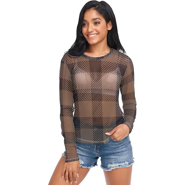J JOYSAY Pink Checkered See Through Tops for Women Mesh