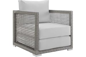 Modway Aura Wicker Rattan Outdoor Patio Arm Chair with Cushions in Gray White