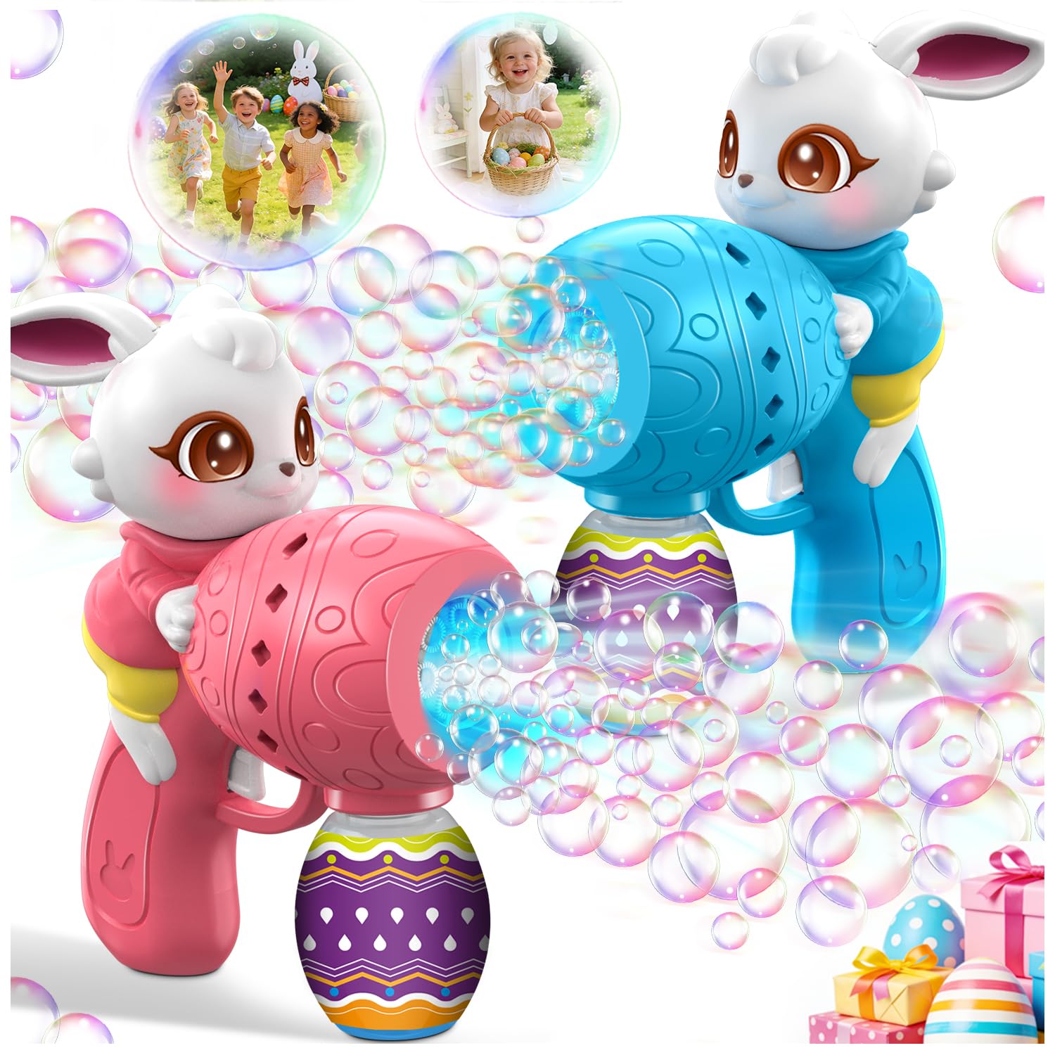 Easter Bubble Guns for Toddlers & Kids: Easter Basket Stuffers 2-Pack Bunny & Egg Themed - Leak-Proof Bubble Blaster Toys with Refill Solution - Perfect for Easter Egg Hunt & Outdoor Party