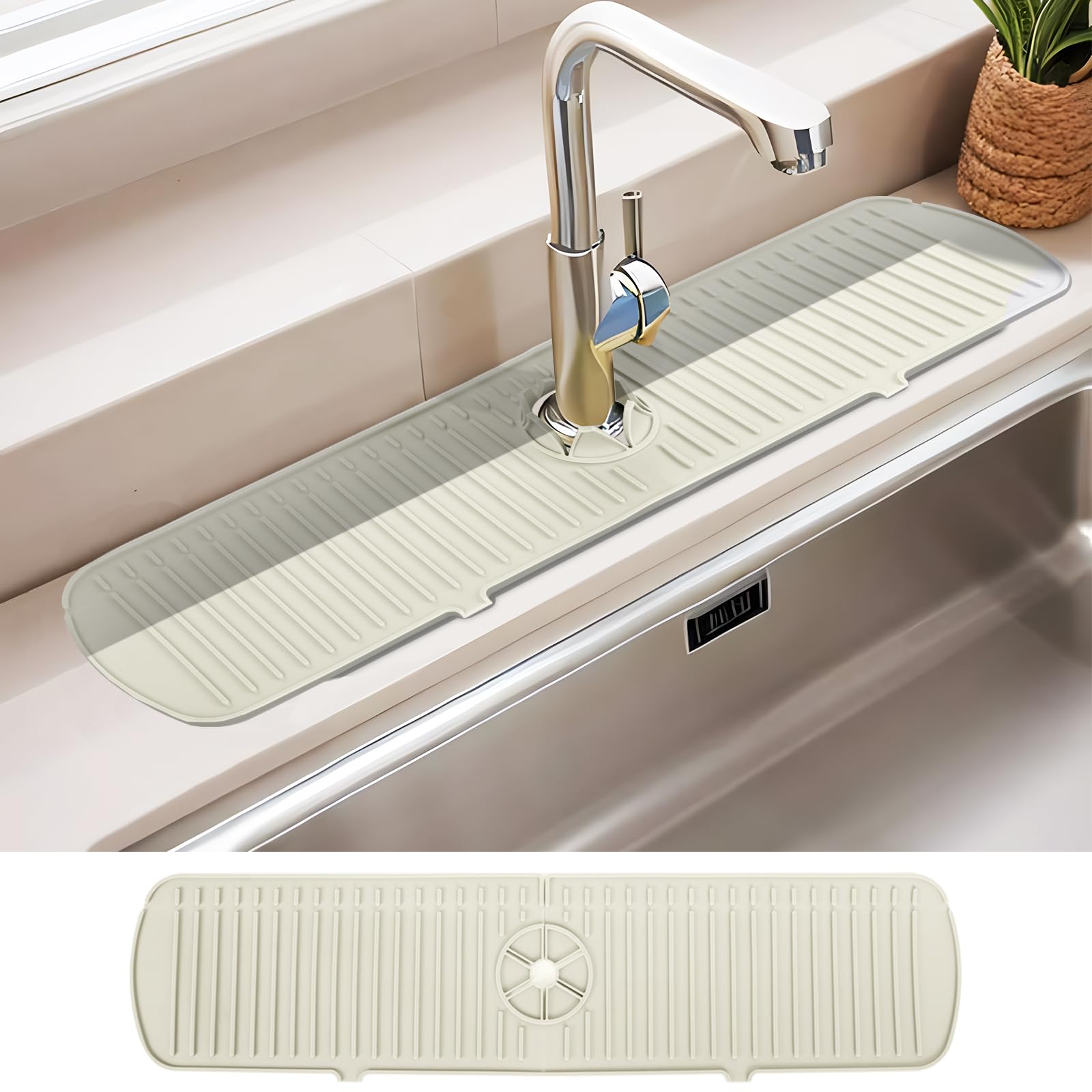 Nicola Kitchen Sink Splash Guard, Silicone Faucet Mat for 1.35-2.35in Faucets Handle, Non-Slip Silicone Draining Mat for Kitchen Bathroom Counter, Drying Mat Tap Mat (White, 24.0x5.7in)