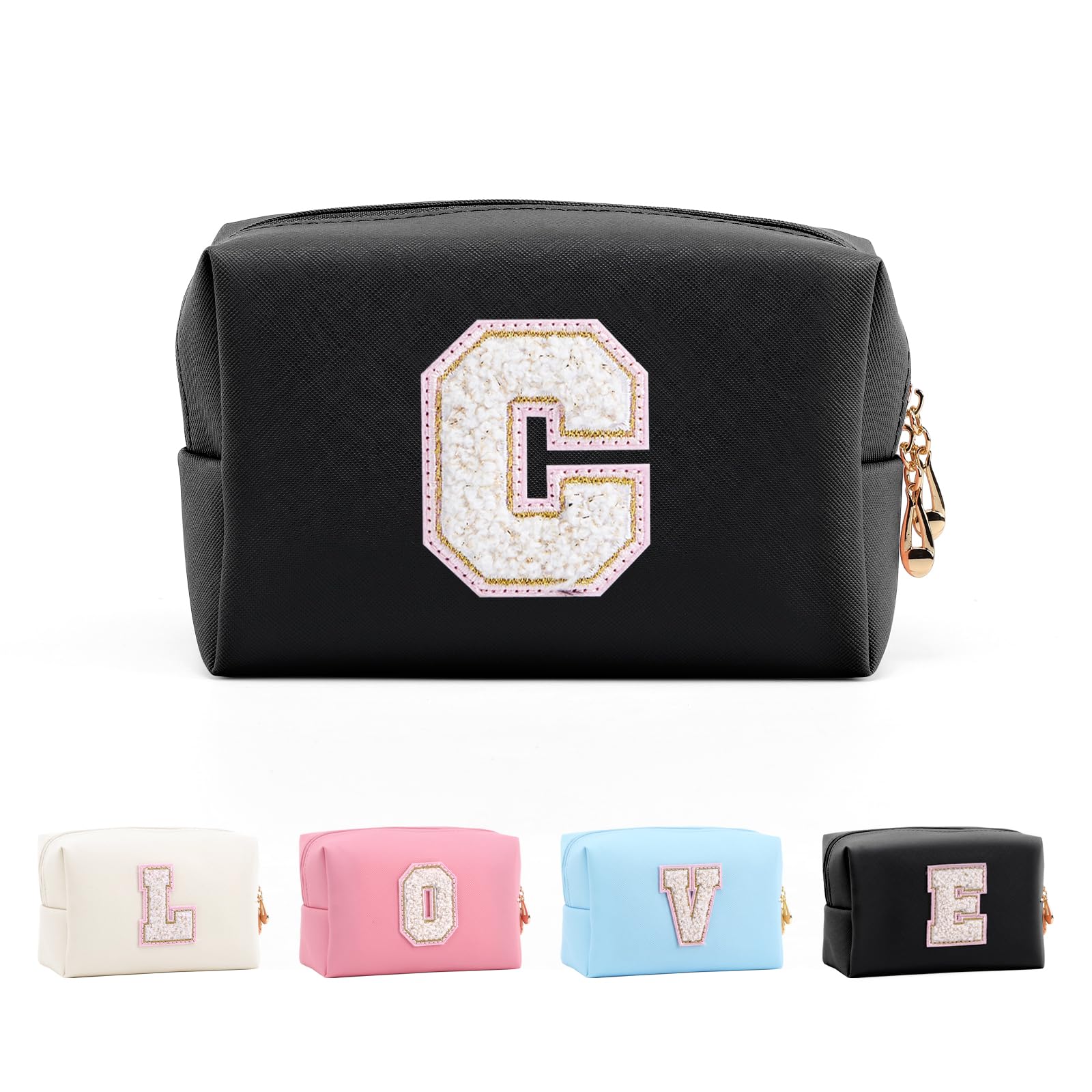 Anntry Small Personalized Initial Letter Makeup Bag, Cute Waterproof PU Leather Chenille Letter Cosmetic Bag Travel Makeup Bag, Preppy Makeup Pouch Toiletry Zipper Pouch Organizer for Women and Girls