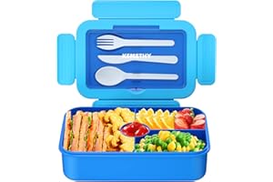 KEMETHY Bento Lunch Box for Kids, Blue, 4 Compartments with Built-in Utensils, Leakproof and Microwave/Dishwasher/Freezer Safe