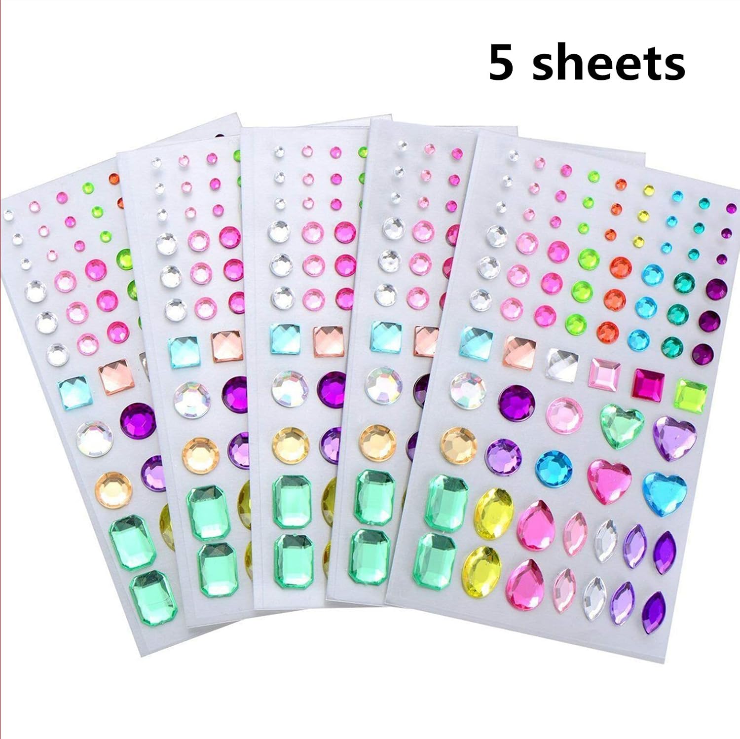 Crystal Gem Stickers,Diamond Sticker 5 Sheets Assorted Sizes and Shapes