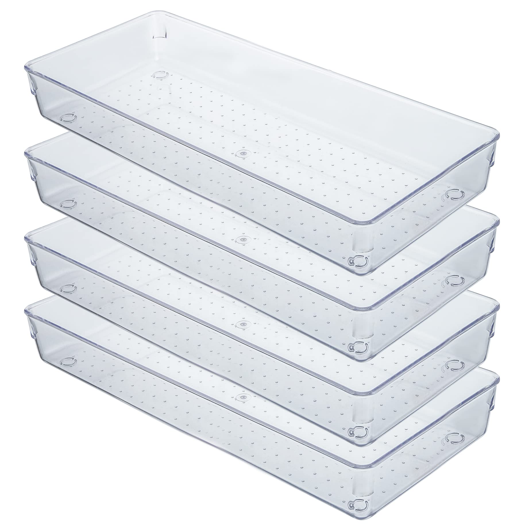Photo 1 of Kingrol 4 Pack Clear Drawer Organizer Trays, 15 x 6 x 2 Inch Desk Drawer Divider Storage Bins, Storage Box Set for Utensils Junks Vanities Makeups Jewelry Office Craft Supplies