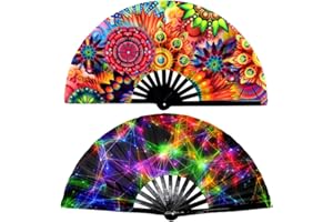 A ALFEEL 2 Pack Large Folding Rave Fan for Women/Men Holographic Festival Bamboo Clack Hand Fan Decorative Accessories for EDM, Music Festival, Event, Party, Dance, Performance,Halloween (Style-1)