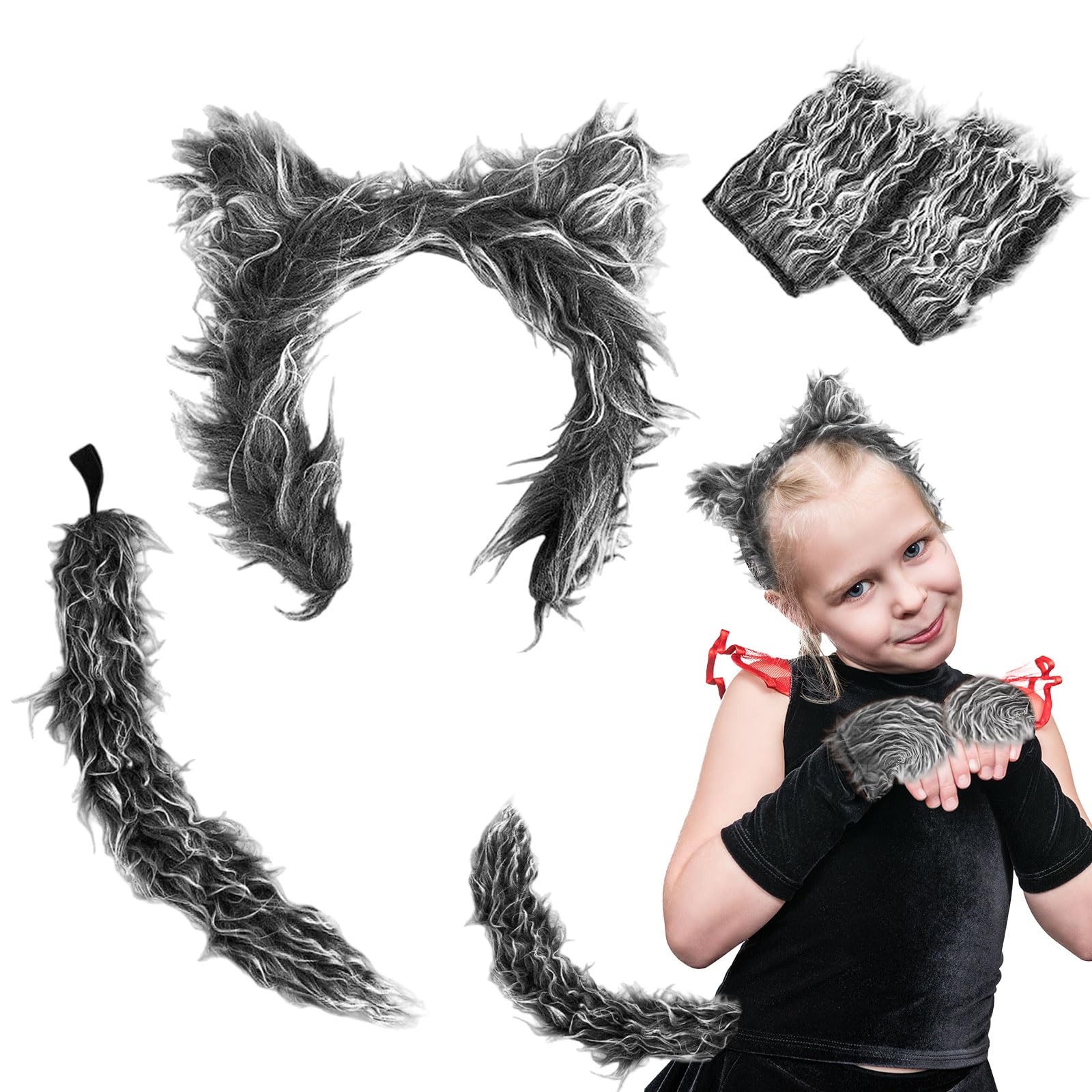 UILYNIU 4Pcs Wolf Costume Accessory Set - Wolf Ears, Gloves, Tail & Fancy Dress Accessories for Kids & Adults - Furry Animal Costume for Halloween & Cosplay