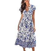 CUPSHE Women's Summer Dress Casual V Neck Floral Smocked Cap Sleeve Ruffled Vacation Midi Dress