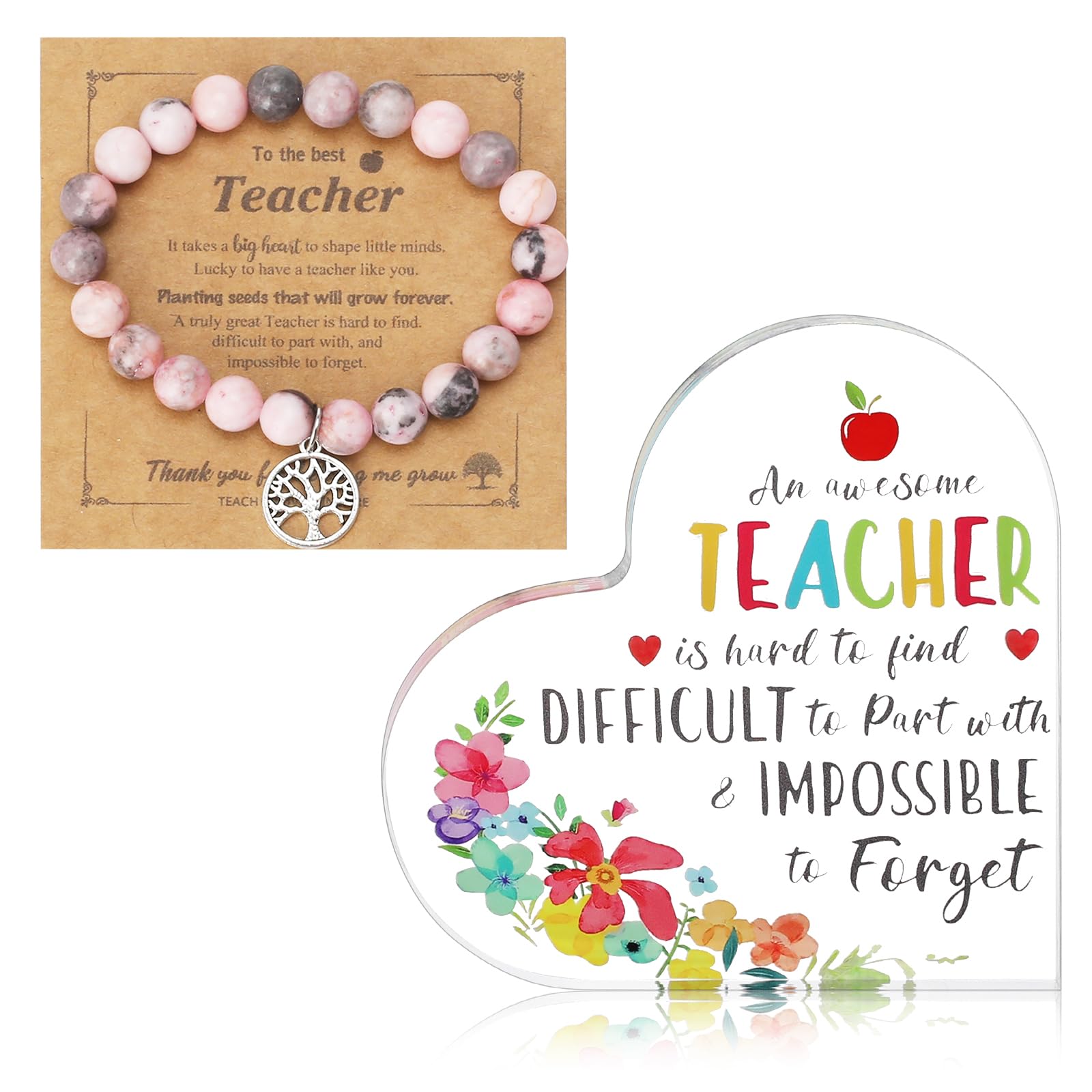 FINEASY Teacher Gifts for Women Men, Heart Shaped Acrylic Plaque & Stone Bracelet, Thank You Gifts for Appreciation, Teacher's Day and Retirement