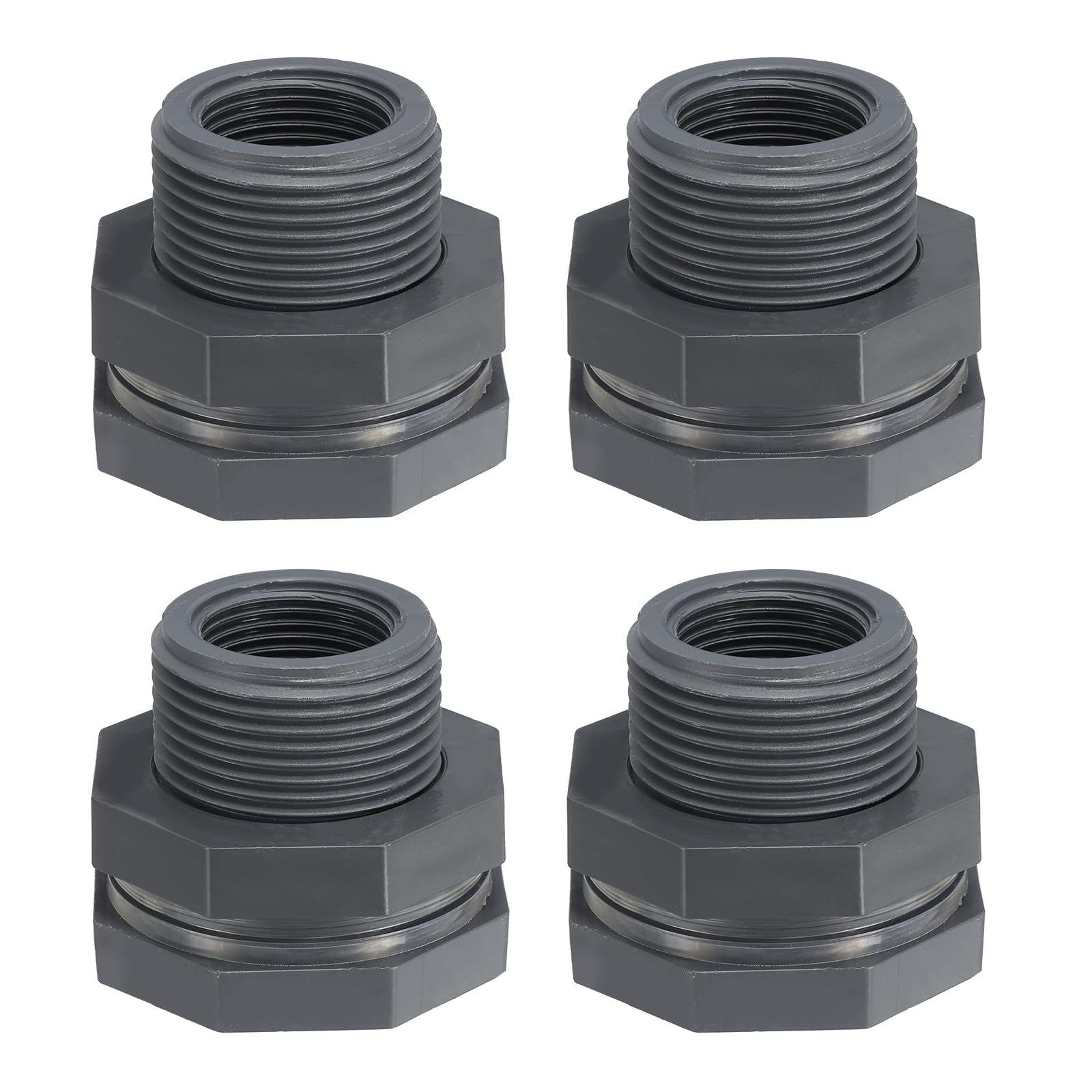 PATIKIL NPT 3/4 PVC Bulkhead Fitting, 4 Pack Double Threaded Bulkhead Water Tank Connector with Seal Gasket for Rain Bucket Sinks Aquariums, Gray