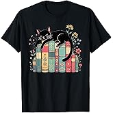 Floral Black Cat Sleeping On Books T-Shirt