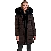 TAHARI Women's Mid-length Quilted Puffer Coat With Attached Hood, Faux Fur Trim, Velvet Bib & Zipper Closure