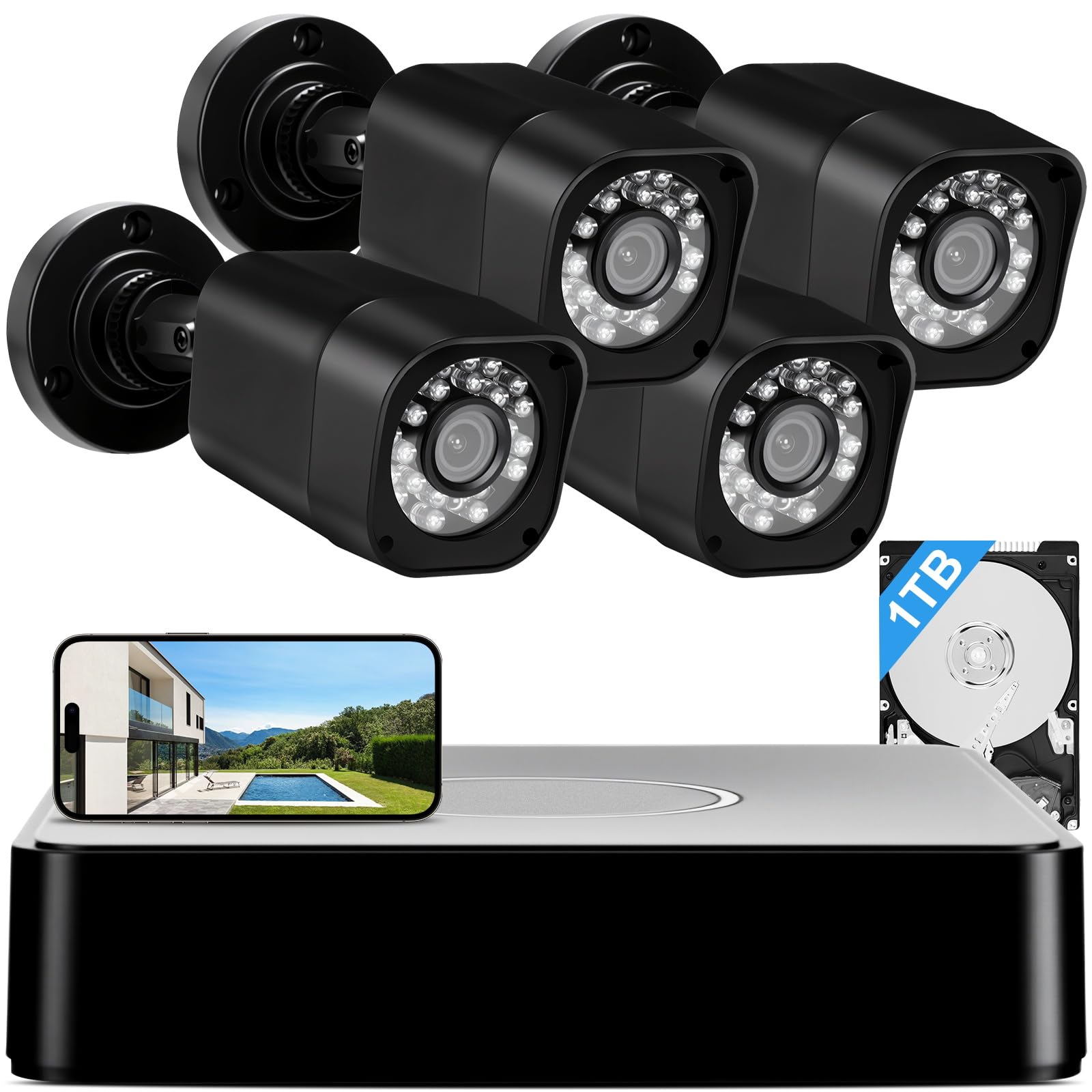 Photo 1 of 1080P Wired Security Camera System, AIWIXEN 8CH CCTV Surveillance DVR with 1TB Hard Drive, 4 x Home 5MP Wired Security Cameras Outdoor with Human Vehicle Detection, IP68 Waterproof, Remote Access