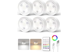 EZVALO 6 Pack Puck Lights with Remote, 1200mAh Rechargeable Tap Light, RGB LED Display Lighting, Wireless Closet Light, Under