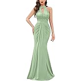 Miusol Women's Elegant Halter V-Neck Lace Sequin Pleated Formal Evening Maxi Dress