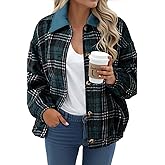 Dokotoo Womens Flannel Plaid Shacket Jackets Corduroy Collar Long Sleeve Button Down Fleece Jackets Warm Coat