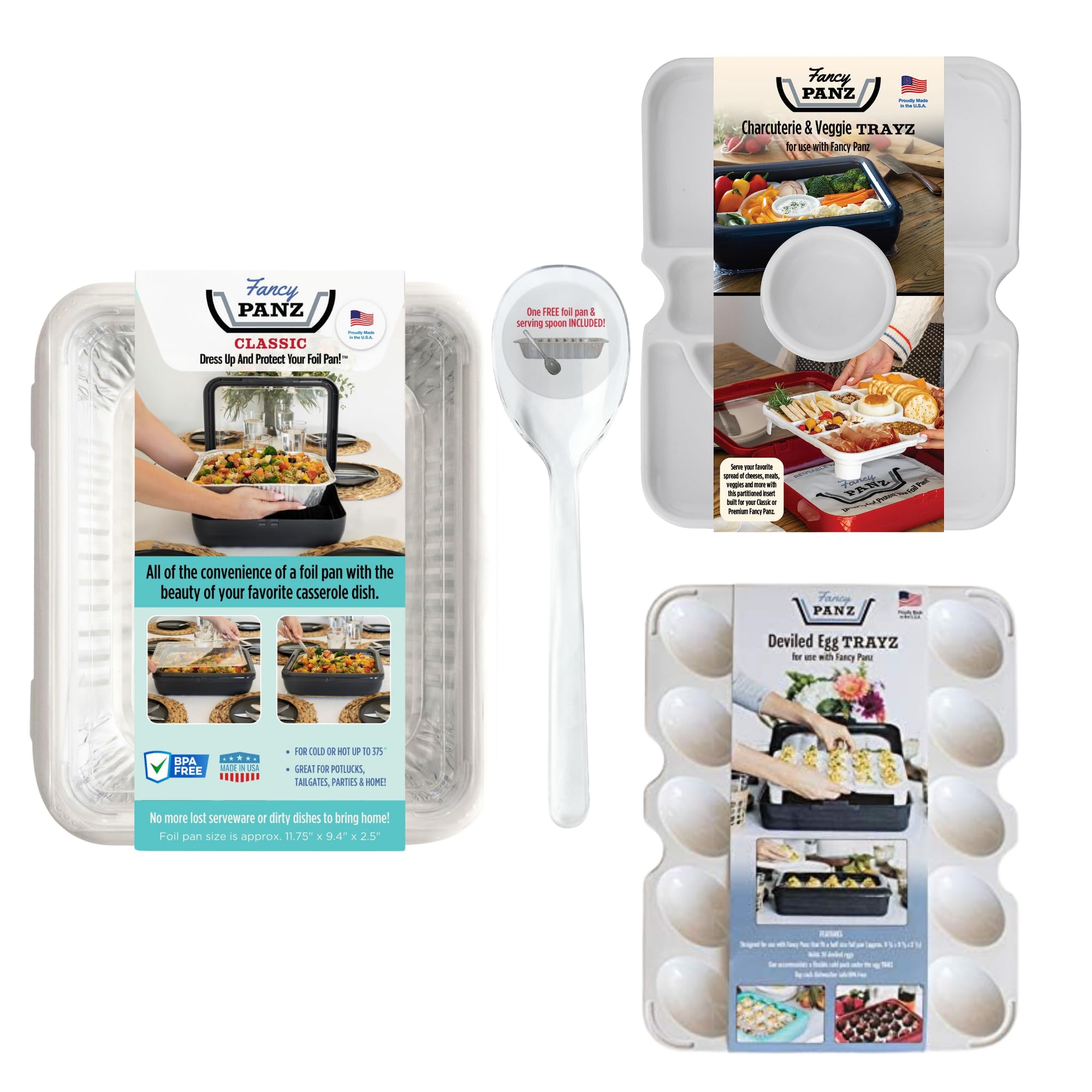 Fancy Panz- Limited-Edition Bundle - White Classic Aluminum Foil Pan Carrier with Lid + Deviled Egg + Charcuterie Insert - Food Serving Tray - Portable Casserole Carrier with Lid - Made in The USA Image