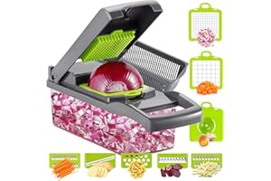 Ourokhome Vegetable Chopper Onion Cutter, 12 in 1 Professional Mandoline Slicer for Kitchen, Multifunctional Food Chopper for Potato, Tomato, Veggie with Strainer Basket, 8 Blades, Gray