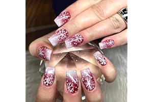 LOPMNGHT Christmas Press on Nails Medium Square Artificial Acrylic False Nails Snowflake with Glitter Design Stick on Nail Full Cover Coffin Nail Winter Artificial Fingernails for Women Manicure 24Pcs