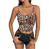 BEAUDRM Women's Y2K Leopard Print Cami Crop Tops Square Neck Spaghetti Strap Camisole Cheetah Tank Top