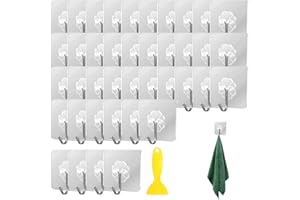 40-Pack Adhesive Hooks - Heavy Duty Self-Adhesive Hooks for Wall, Waterproof, Transparent, No Drilling, 10kg Load Capacity, E