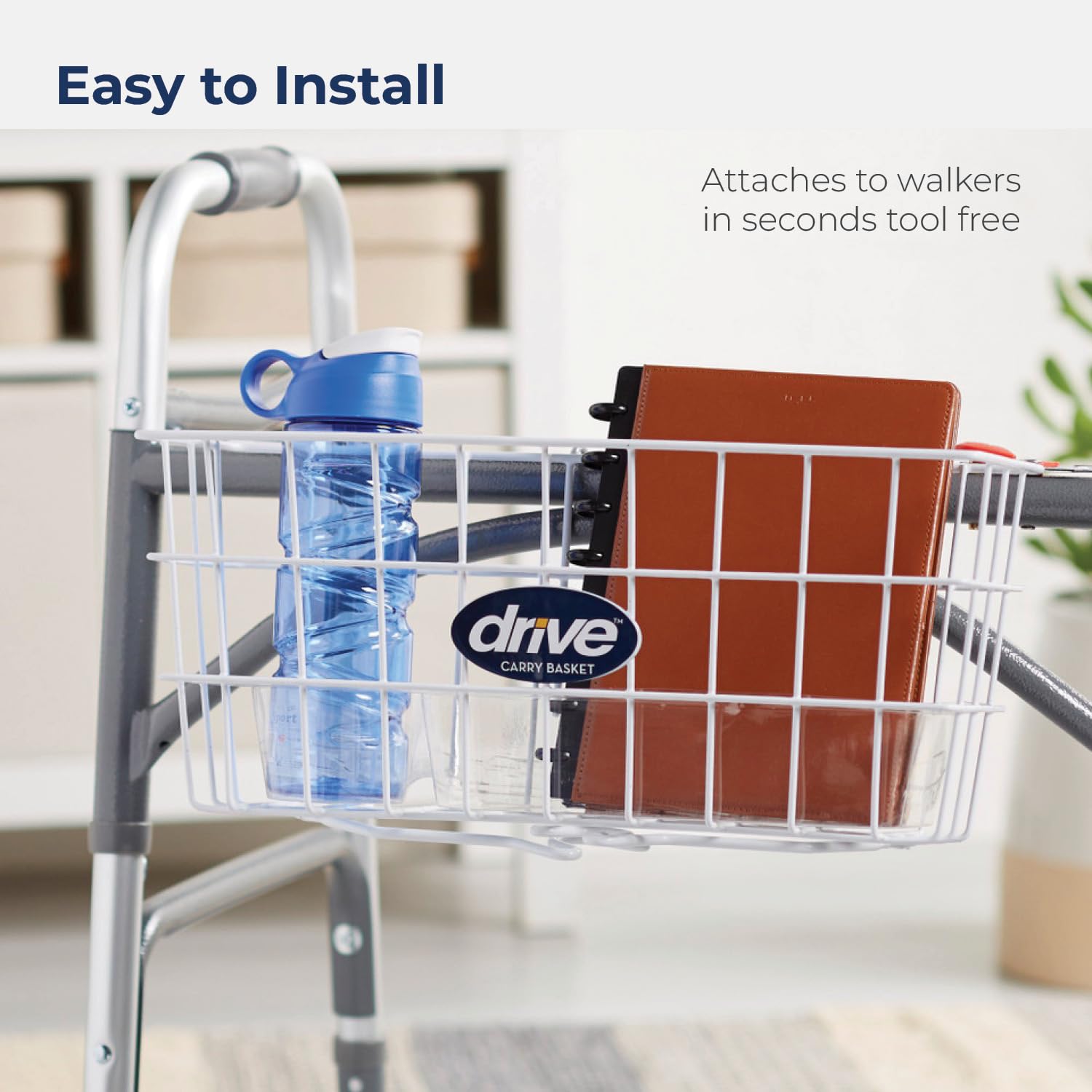 Drive Medical 10200B Walker Basket, Basket for Folding Walker with Cup Holder, White