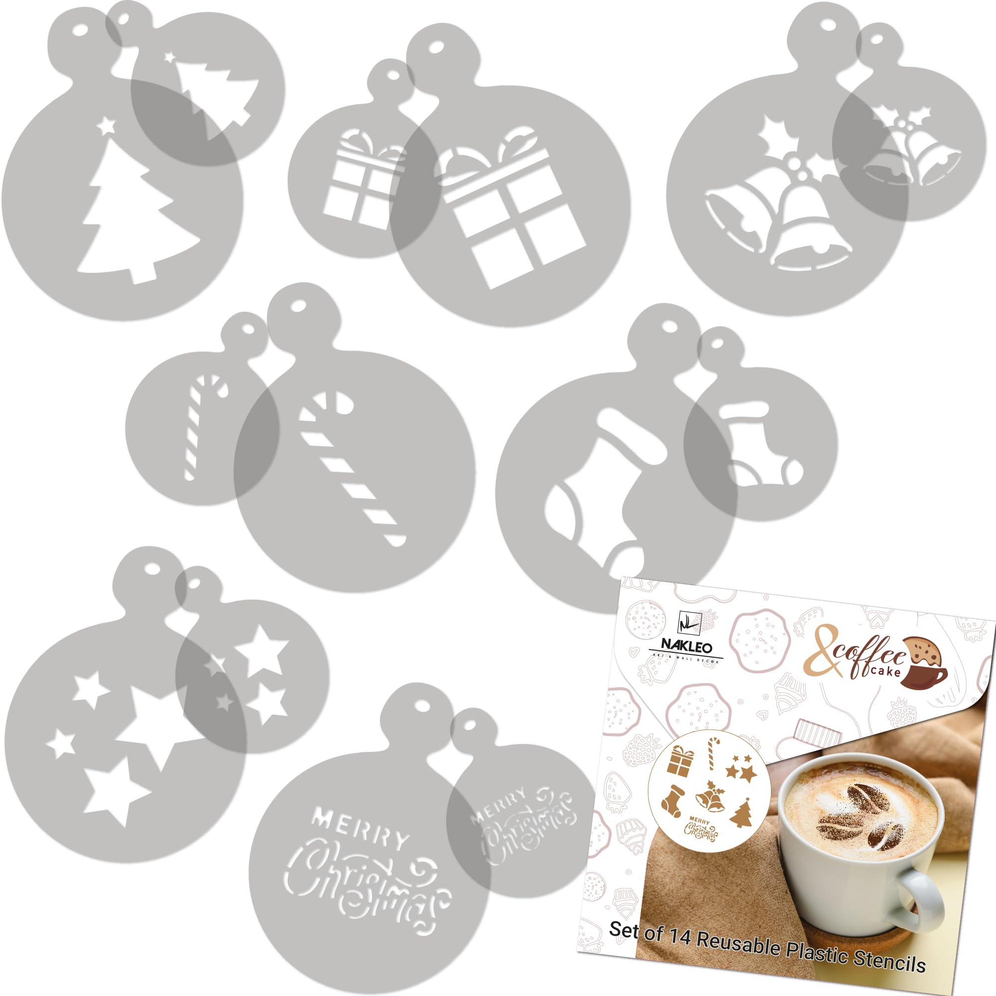 NAKLEO Coffee Stencils and Cookies Decoration 14Pcs 7x7 and 11x11cm, Reusable Plastic Baking Templates, Christmas Winter Holidays, Barista DIY Art Craft, Capuccino Latte Chocolate Cake Biscuit Kitchen