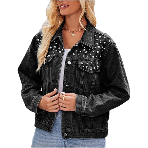 Womens Vintage Short Denim Jacket Embroidered Pearls Jackets