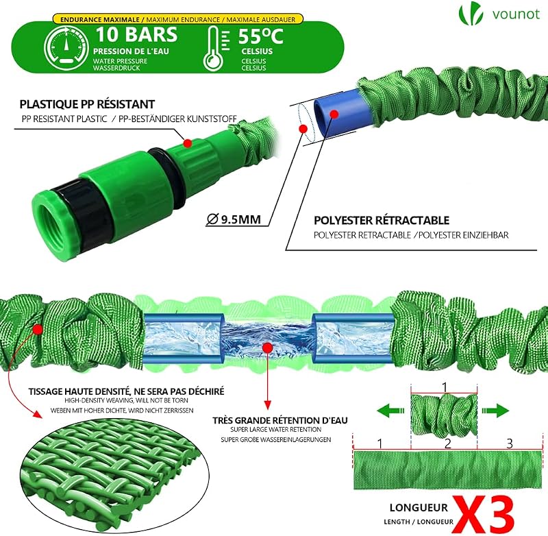 ® Tubo Irrigazione Estensibile 15m, Tubo Flessibile da Giardino con Pistola a Spruzzo d'Acqua 10 Funzioni, Connettore 1/2" e 3/4" e Gancio e Organizer Inclusi, Verde