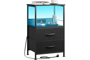 WLIVE LED Night Stand with Charging Station, Black Nightstand with 2 Fabric Drawers and Storage Shelf, Dorm Bedside Table End Table with 2 USB Ports and Outlets, Small Dresser for Bedroom