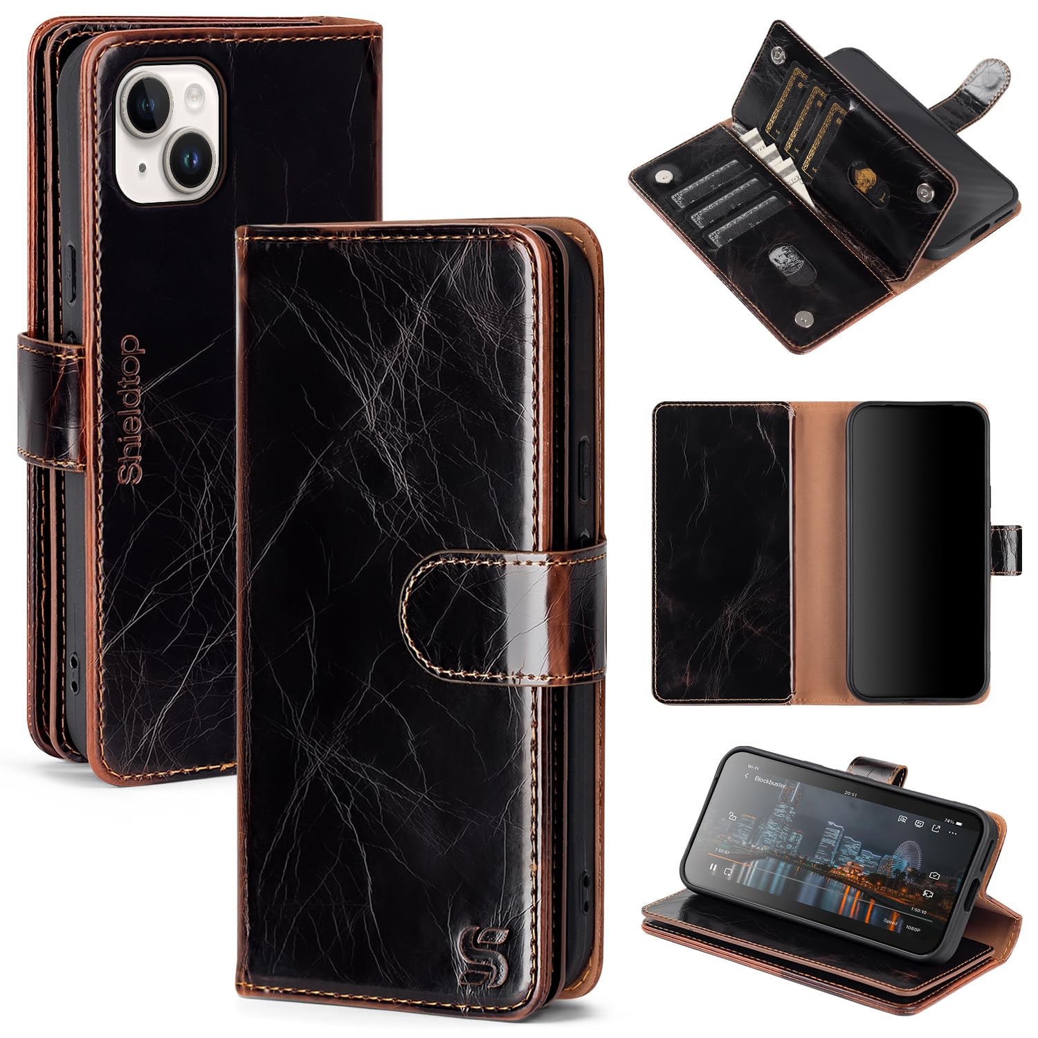 Shieldtop Compatible with iPhone 13 Wallet Case with Card Holder,Women Men RFID Blocking PU Leather Folio Flip TPU Protective Cover Credit Card Slots,Phone Case for iPhone 13 6.1",Coffee