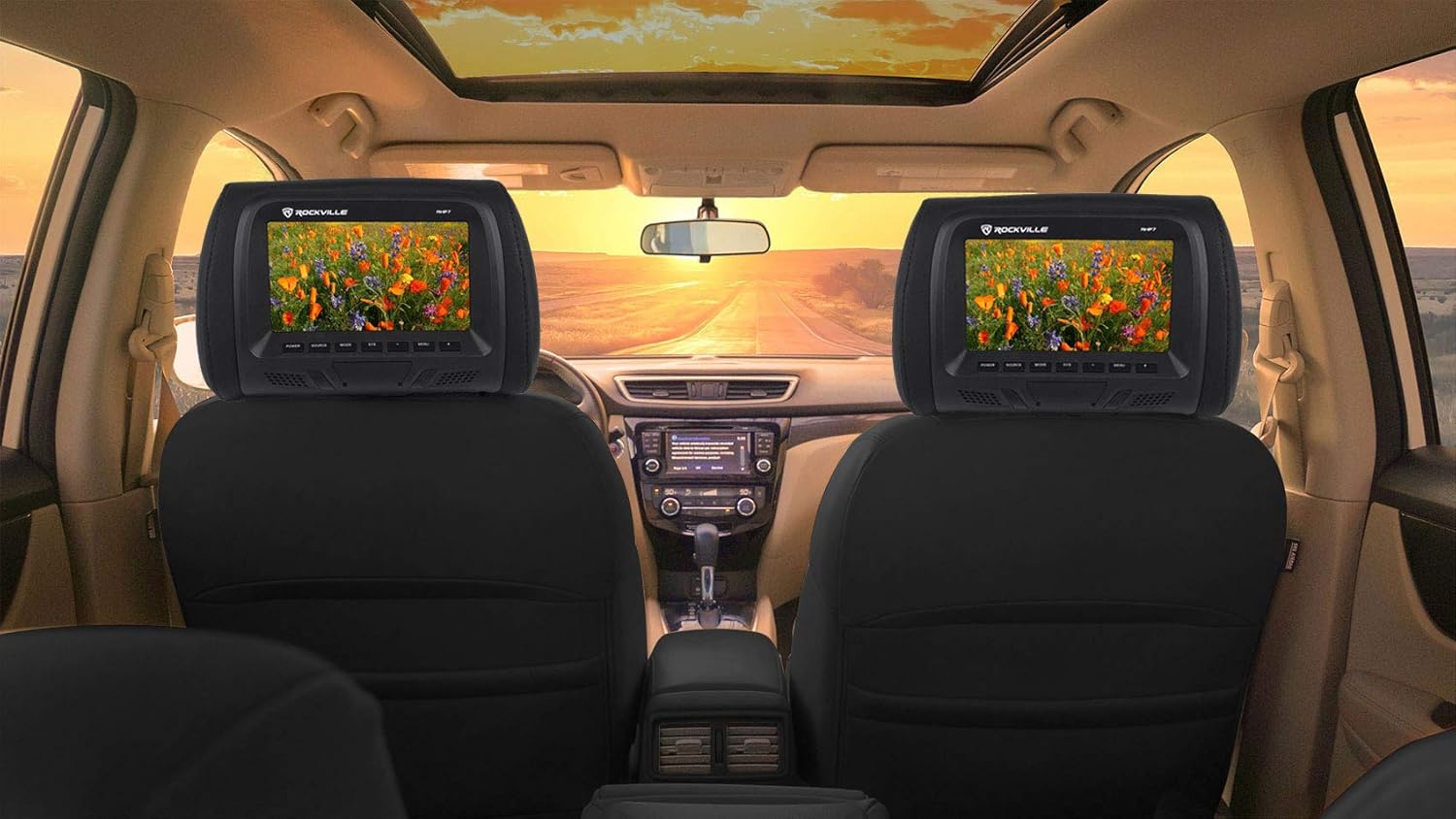 Pair Rockville RHP7-BK 7 Black Plug N Play Car Headrest Monitors w/Speakers+IR