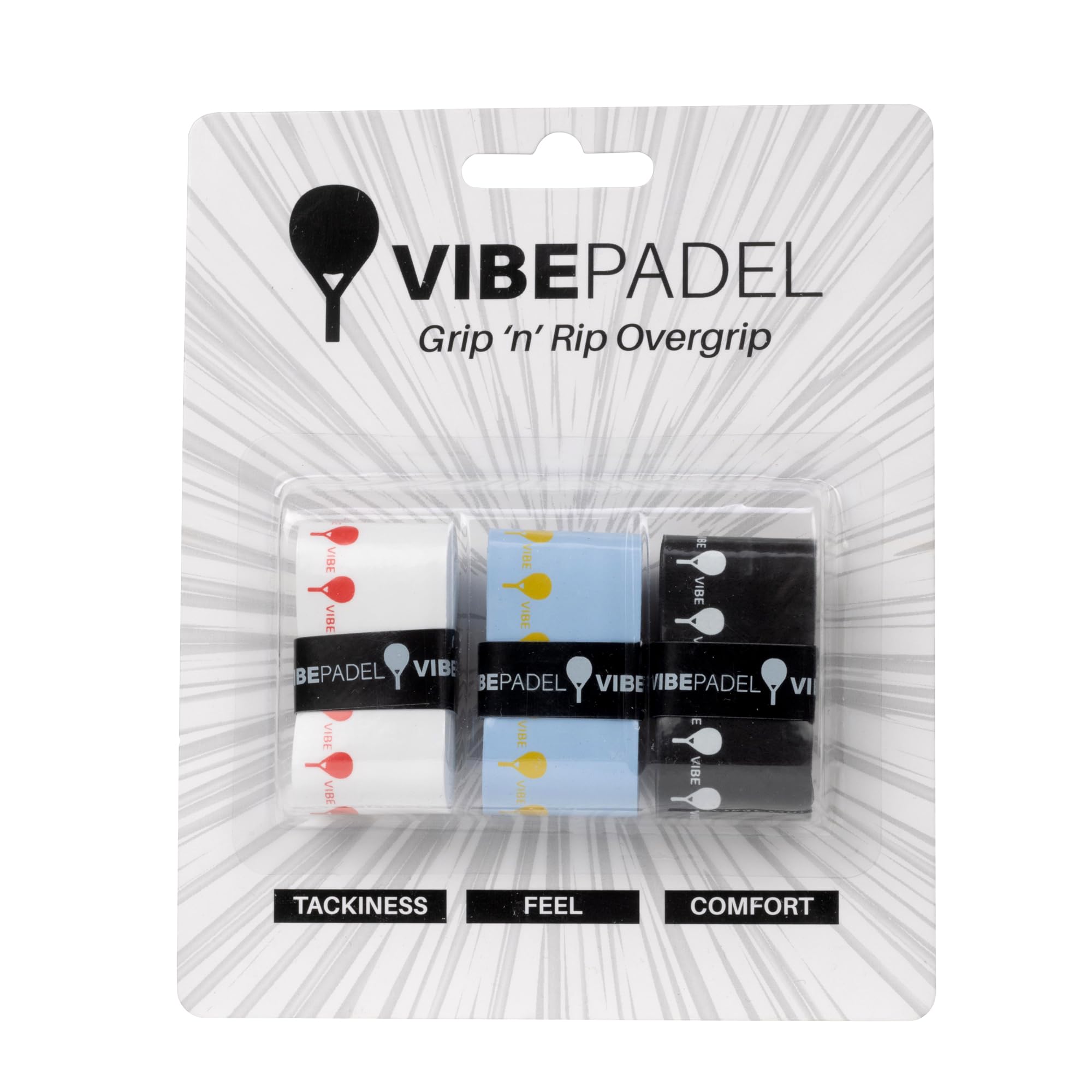 VIBEPADEL | Padel Grip for Tacky Feel | Grip 'n' Rip Padel Overgrip | Padel Racket Grip Tape | Padel, Pickleball, Squash and Badminton Racket Grip Tape | Padel Accessories and Padel Gifts | 3 Pack