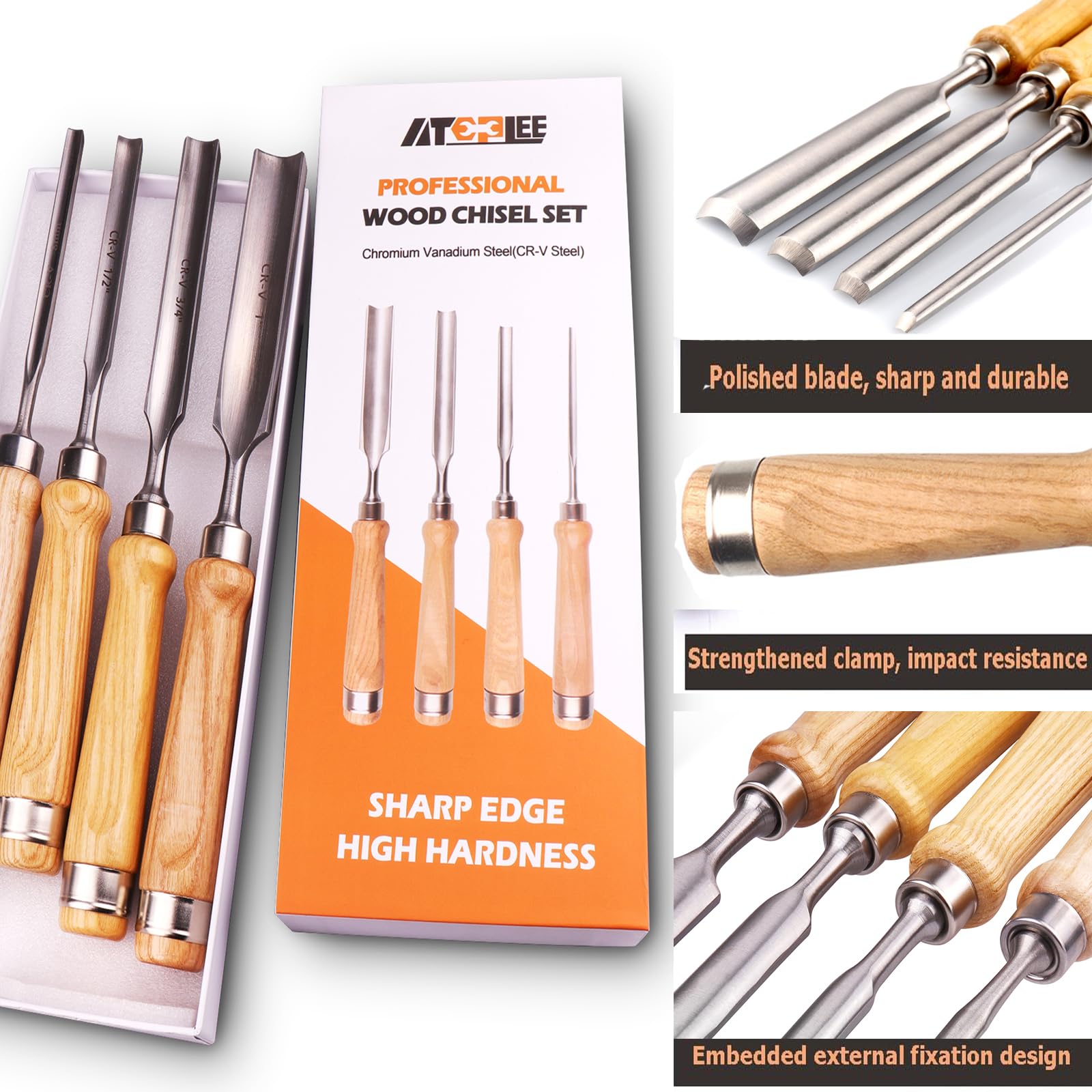 ATOPLEE 4 Pieces Wood Chisel Set for Woodworking, Professional Wood Chisel Tool Carpenter Gouge CR-V Steel Semi-Circular Edge Sharp Blade 8mm(5/16