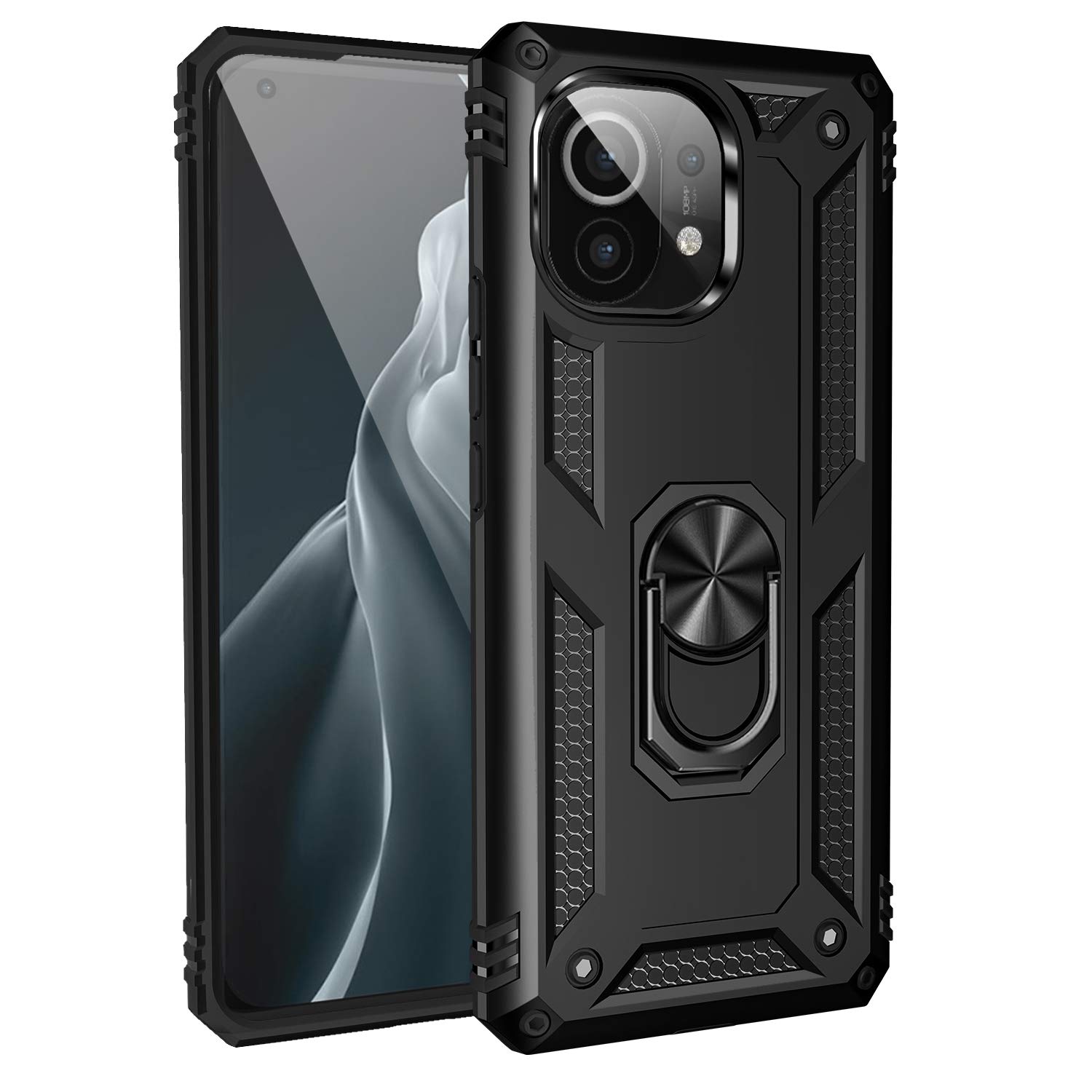 BestST Case Compatible with Xiaomi MI 11 Case,Screen Protector Heavy Duty Shockproof Impact-Resistant Ultimate Armor Cover Bumpers Protective phone case,with Ring Kickstand,Black — image 1