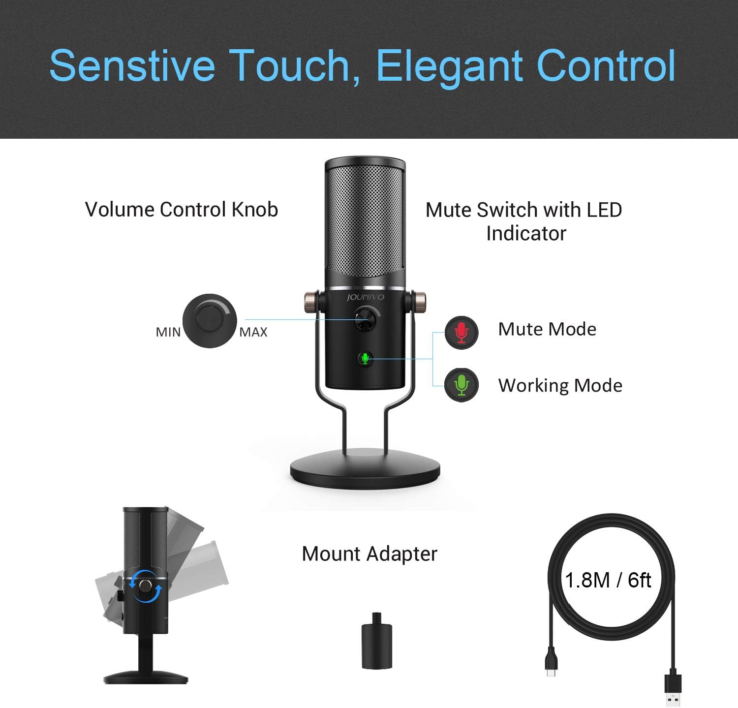 USB Microphone Computer Cardioid Condenser Mic, JOUNIVO PC Laptop Recording Microphone with Mute Button & LED Indicator for Studio Recording Vocals, YouTube, Streaming Broadcast, Podcasting, Skype: Home Audio & Theater