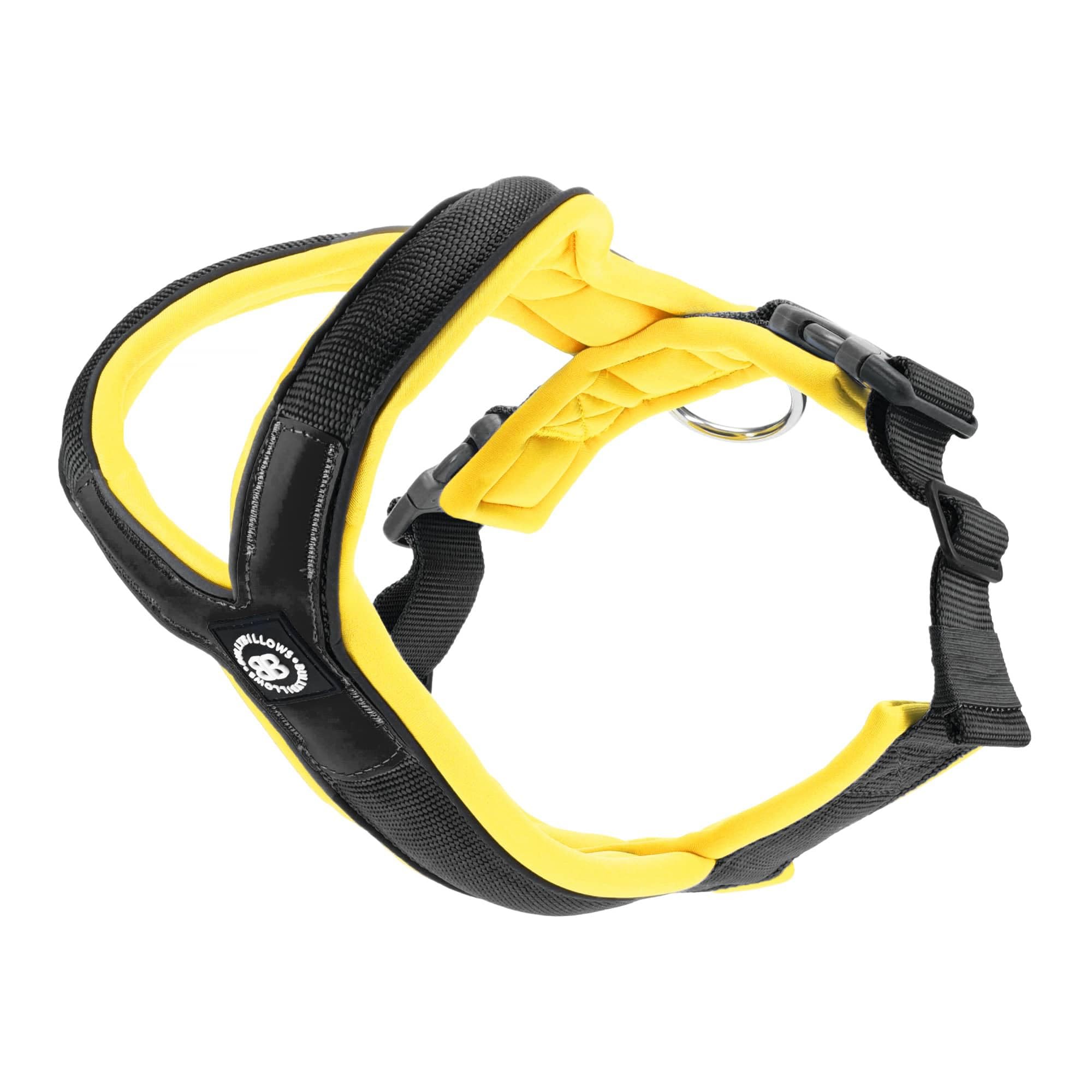 BullyBillows Slip-On Dog Harness - Foam Padded, Neoprene-Lined, Adjustable, Non-Restrictive Y-Shape with Reflective Strips & Stainless Steel D-Loop |Black-Yellow | Medium