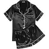 Ekouaer Womens Silk Satin Pajama Sets Soft Short Sleeve Button Down Sleepwear Top and Shorts 2 Piece Pjs Lounge Set