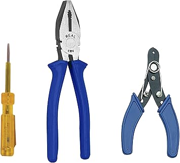 Real stf REALstf Multi Hand Tool Kit 3 Pc. - Combination Side Cutting Plier 8 / 200 mm, Wire Stripper 6 / 130 mm, Screw Driver Tester with Neon R-813