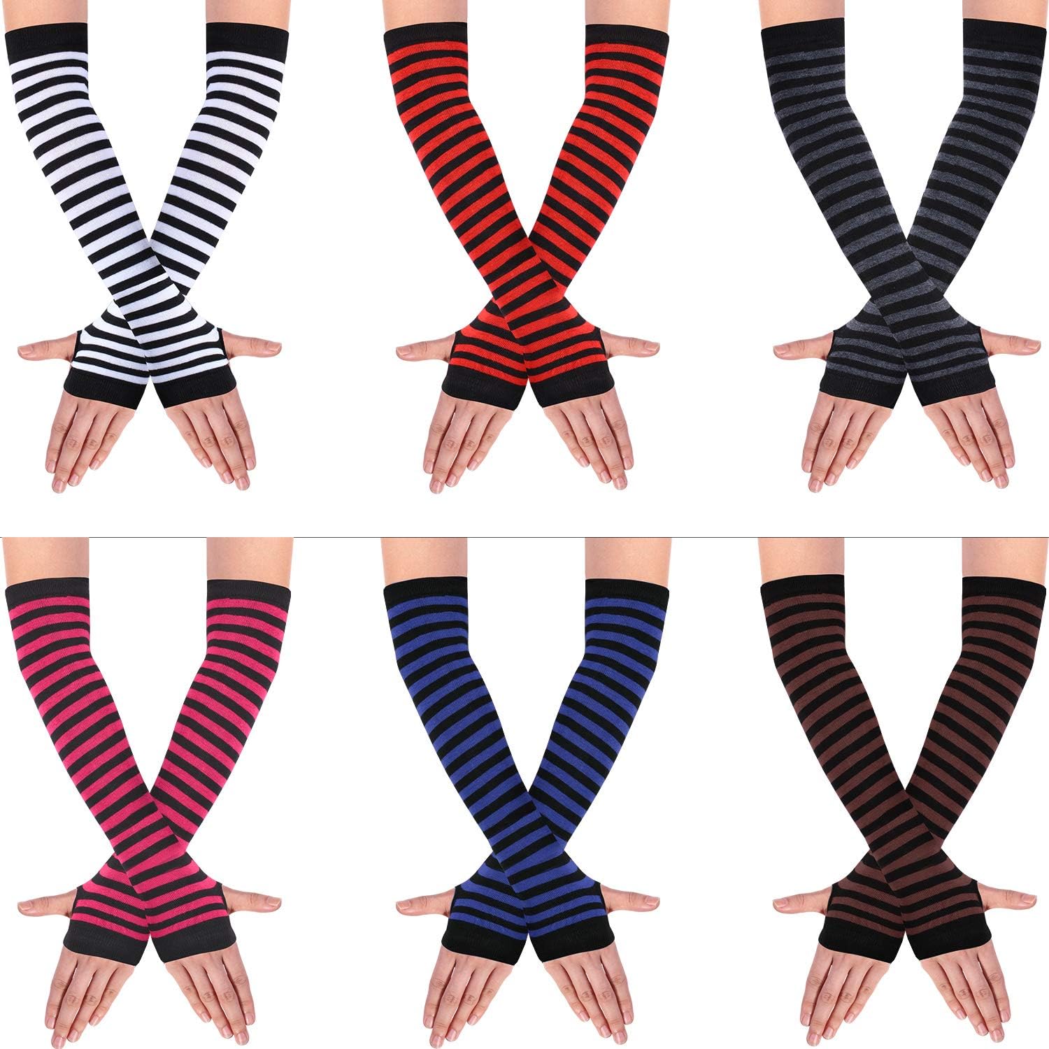 6 Pairs Women Long Fingerless Gloves Knit Arm Warmer Thumb Hole Stretchy Gloves (Stripe Series) at  Women’s Clothing store