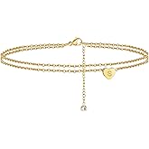 Ursteel Ankle Bracelets for Women, 14K Gold Plated Dainty Layered Heart Initial Anklets for Women Gifts